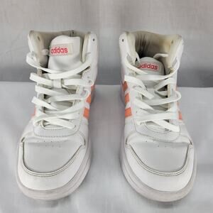 Adidas Women's 4 1/2 Hoops 2.0 Mid White Coral Pink Sneakers High Top Shoes